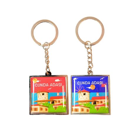 Cunda Themed Metal Square Shaped Double Sided Keychain 36x95 mm