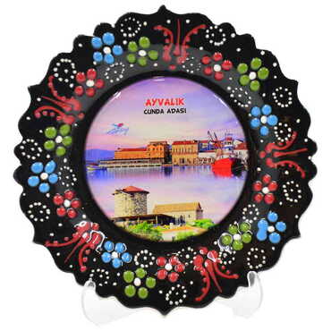 Cunda Themed Turkish Ceramic Plate With Epoxy 12 Cm - Thumbnail