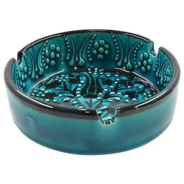 Cunda Themed Turkish Ceramic Turquoise Ashtray Big Size - Thumbnail