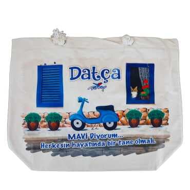 Datça Themed Digital Print Canvas Beach Bag 35x40 cm