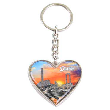 Myros - Didim Themed Metal Heart ShapedDouble Face Keychain 45x90 mm