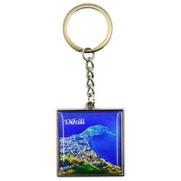 Myros - Dikili Themed Metal Square Shaped Double Face Keychain 36x95 mm