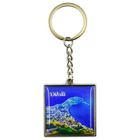 Dikili Themed Metal Square Shaped Double Face Keychain 36x95 mm