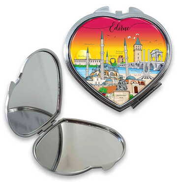 Myros - Edirne Themed Customised Metal Epoxy Travel Make Up Compact Heart Shaped Mirror 70x65x8 mm