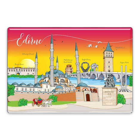 Edirne Themed Epoxy Dome Rectangular Souvenir Fridge Magnet 95x65 mm