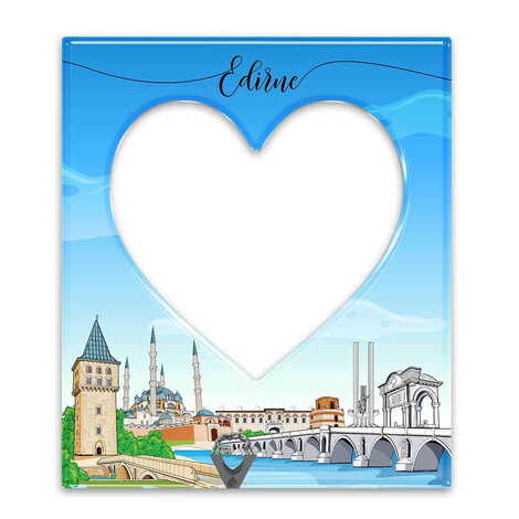 Edirne Themed Epoxy Dome Souvenir Magnetic Heart Shaped Photo Frame 95x110 mm