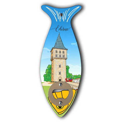 Edirne Themed Fish Shaped Printed MDF Wooden Bottle Opener 190x70 mm