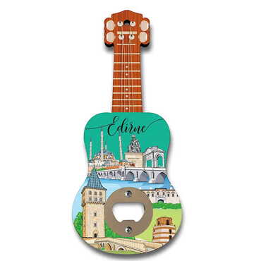 Myros - Edirne Themed Guitar Shaped Printed MDF Wooden Bottle Opener 200x89 mm