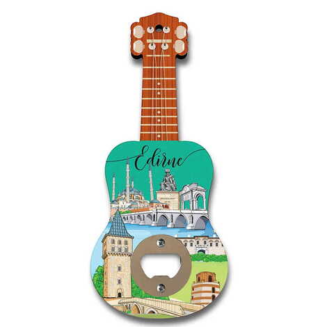 Edirne Themed Guitar Shaped Printed MDF Wooden Bottle Opener 200x89 mm