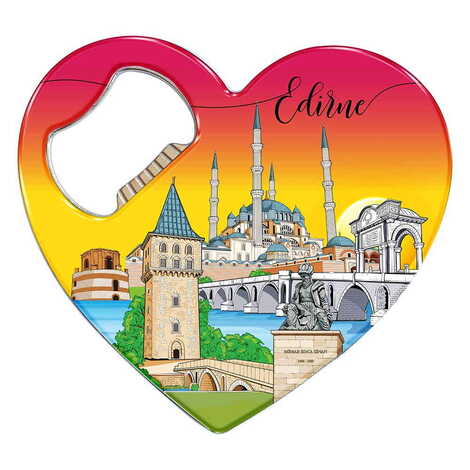 Edirne Themed Heart Shaped Metal Magnetic Bottle Opener 85x76 mm