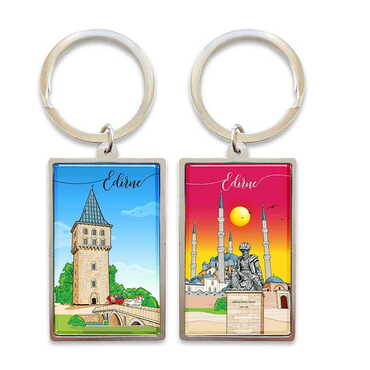 Myros - Edirne Themed Metal Big Rectangle Keychain 32x88 mm