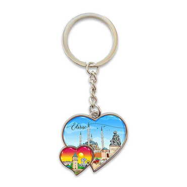 Myros - Edirne Themed Metal Double Heart Shaped Keychain 40x94 mm