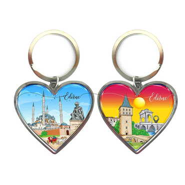 Edirne Themed Metal Heart ShapedDouble Face Keychain 45x90 mm - Myros