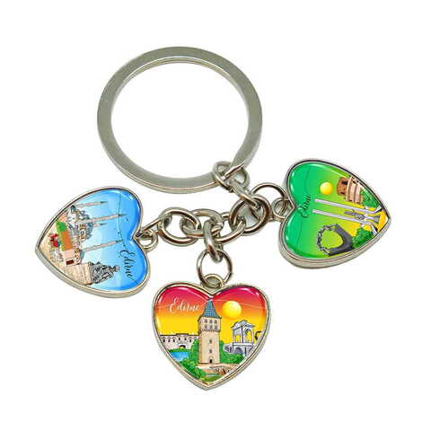 Edirne Themed Metal Keychain With 3 Charms - Heart 40x85 mm