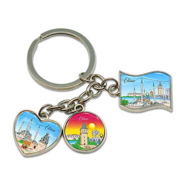 Edirne Themed Metal Keychain With 3 Charms - Mixed 40x90 mm - Myros