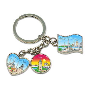 Myros - Edirne Themed Metal Keychain With 3 Charms - Mixed 40x90 mm