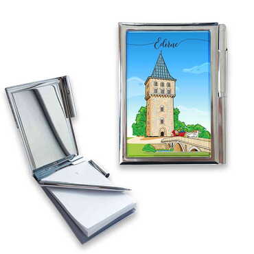 Myros - Edirne Themed Metal Pocket Size Notebook With Pen 86x66x8 mm