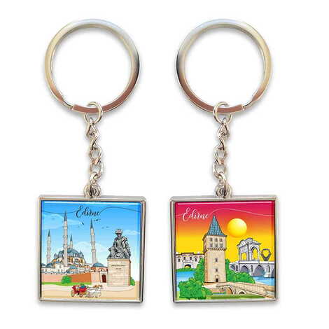 Edirne Themed Metal Square Shaped Double Face Keychain 36x95 mm - 1