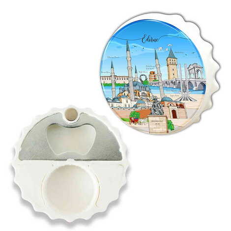 Edirne Themed Round Cap Shaped Magnetic Bottle Opener 63x15 mm