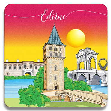 Myros - Edirne Themed Wooden Customised Square Travel Coaster 100x100 mm