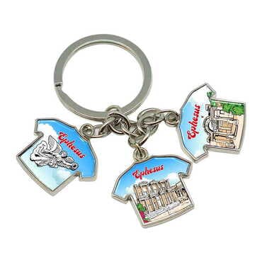 Ephesus Themed Metal Keychain With 3 Charms - T-Shirt 40x95 mm