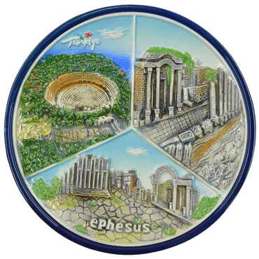 Ephesus Themed Ceramic Blue Plate 15 Cm - Thumbnail