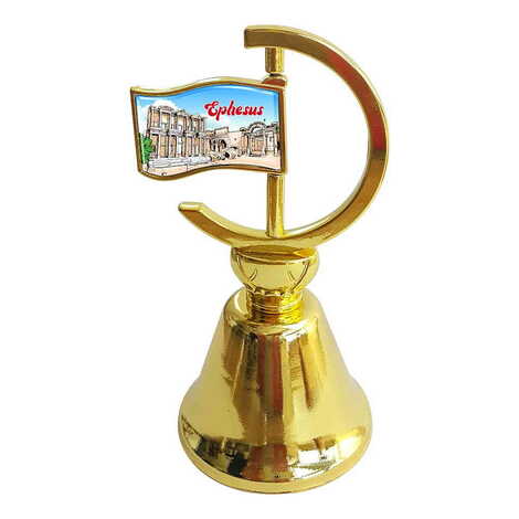 Ephesus Themed Collectible Souvenir Double Face Metal Spinner Flag Bell - Golden Color - 1