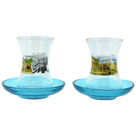 Ephesus Themed Custom Printed Turkish Tea Glass Set Of 2 Pcs