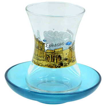 Ephesus Themed Custom Printed Turkish Tea Glass Set Of 2 Pcs - Thumbnail