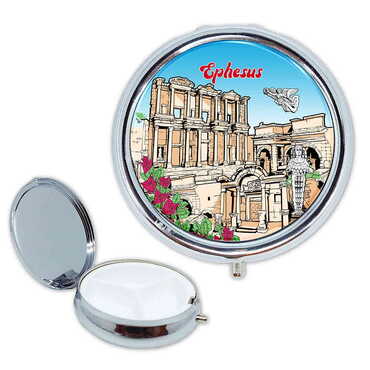 Ephesus Themed Customised Epoxy Round Pill Box 50x15 mm - Thumbnail