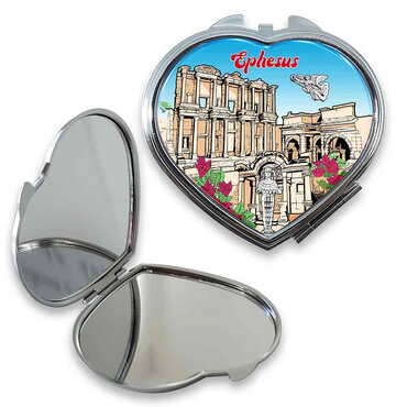 Myros - Ephesus Themed Customised Metal Epoxy Travel Make Up Compact Heart Shaped Mirror 70x65x8 mm