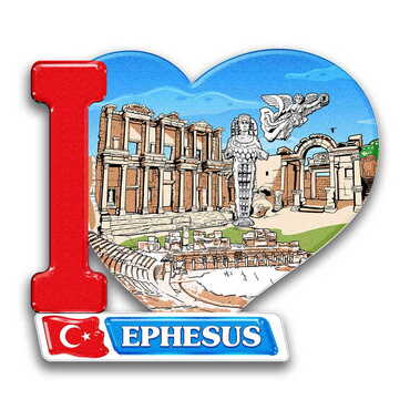 Ephesus Themed Customised UV Printed Plastic Base Heart Shaped Fridge Magnet 86x62 mm - Thumbnail