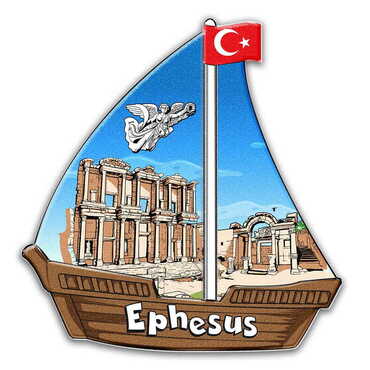 Myros - Ephesus Themed Customised UV Printed Plastic Base Sail Ship Shaped Fridge Magnet 77x80 mm