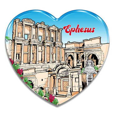 Myros - Ephesus Themed Epoxy Dome Heart Souvenir Fridge Magnet 65x60 mm