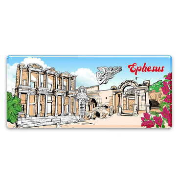 Myros - Ephesus Themed Epoxy Dome Mini Panoramic Souvenir Fridge Magnet 85x35 mm