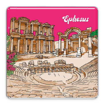 Myros - Ephesus Themed Epoxy Dome Mini Square Souvenir Fridge Magnet 35x35 mm