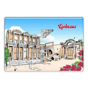 Myros - Ephesus Themed Epoxy Dome Rectangular Souvenir Fridge Magnet 95x65 mm