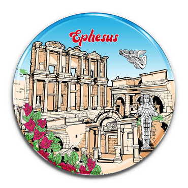 Myros - Ephesus Themed Epoxy Dome Round Souvenir Fridge Magnet 67 mm