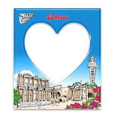Ephesus Themed Epoxy Dome Souvenir Magnetic Heart Shaped Photo Frame 95x110 mm - Myros