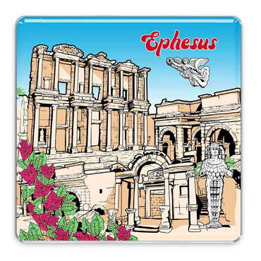 Myros - Ephesus Themed Epoxy Dome Square Souvenir Fridge Magnet 65x65 mm