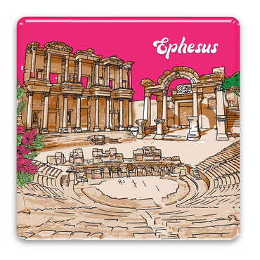 Myros - Ephesus Themed Epoxy Dome Square Souvenir Fridge Magnet 80x80 mm