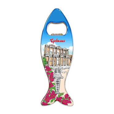 Ephesus Themed Fish Shaped Metal Magnetic Bottle Opener 120x43 mm - Thumbnail