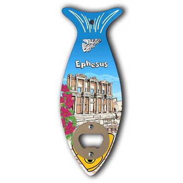 Myros - Ephesus Themed Fish Shaped Printed MDF Wooden Bottle Opener 190x70 mm