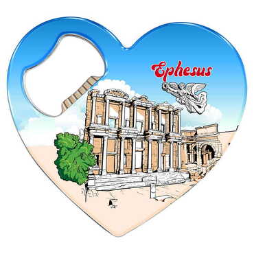 Myros - Ephesus Themed Heart Shaped Metal Magnetic Bottle Opener 85x76 mm