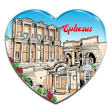 Myros - Ephesus Themed Heart Shaped Mini Fridge Magnet 40x37 mm