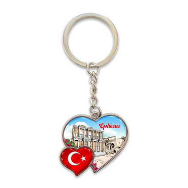 Ephesus Themed Metal Double Heart Shaped Keychain 40x94 mm - Myros