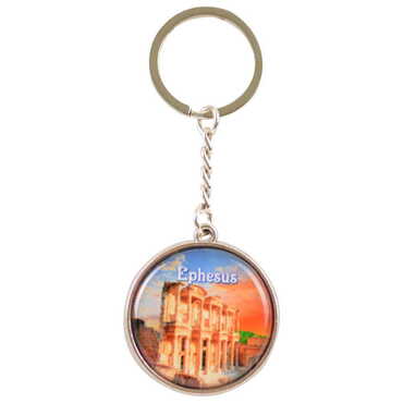 Ephesus Themed Metal Double Face Round Keychain 40x95 mm - Thumbnail