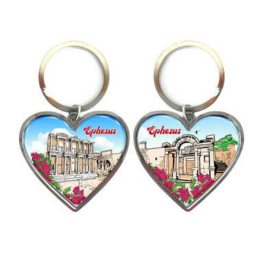 Myros - Ephesus Themed Metal Heart ShapedDouble Face Keychain 45x90 mm