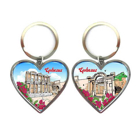 Ephesus Themed Metal Heart ShapedDouble Face Keychain 45x90 mm