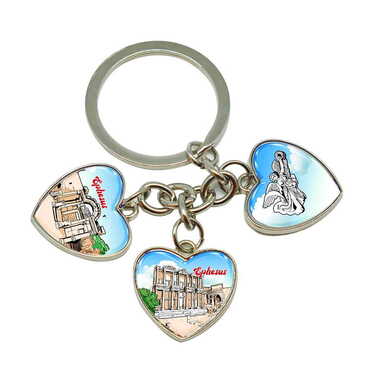 Myros - Ephesus Themed Metal Keychain With 3 Charms - Heart 40x85 mm